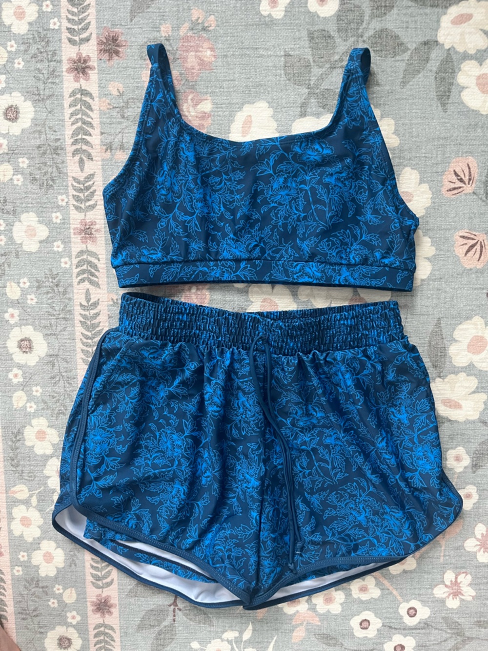Deep Blue Floral Square Neck Adjustable Straps Sporty Bikini Top and Boy Shorts